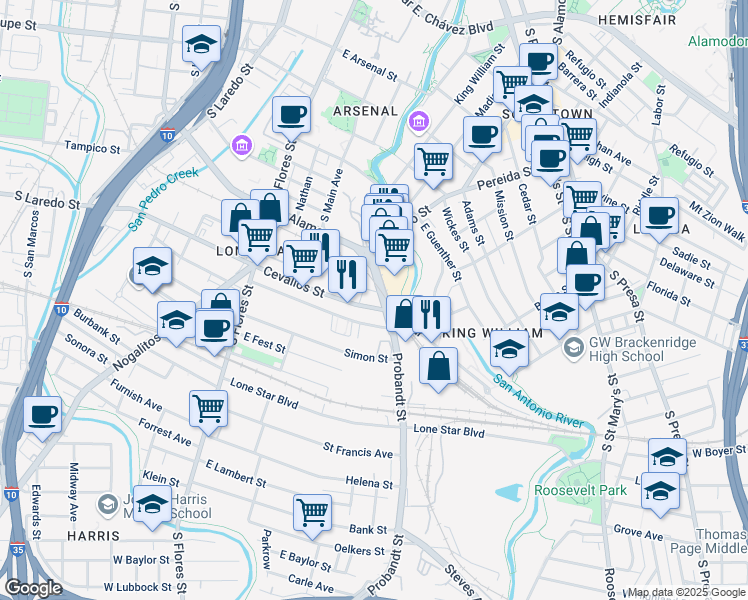 map of restaurants, bars, coffee shops, grocery stores, and more near 100 Probandt Street in San Antonio