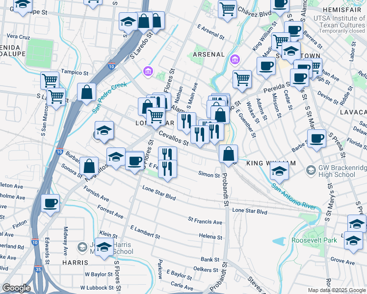 map of restaurants, bars, coffee shops, grocery stores, and more near 302 Clay in San Antonio