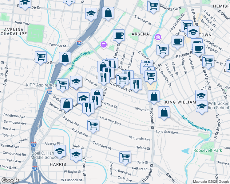 map of restaurants, bars, coffee shops, grocery stores, and more near 130 Clay in San Antonio