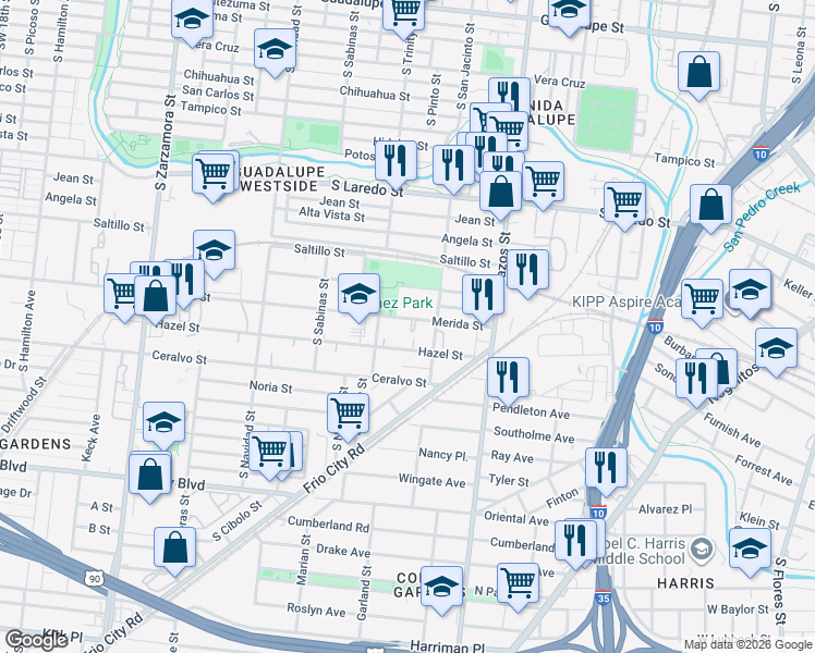 map of restaurants, bars, coffee shops, grocery stores, and more near 1917 South San Jacinto Street in San Antonio