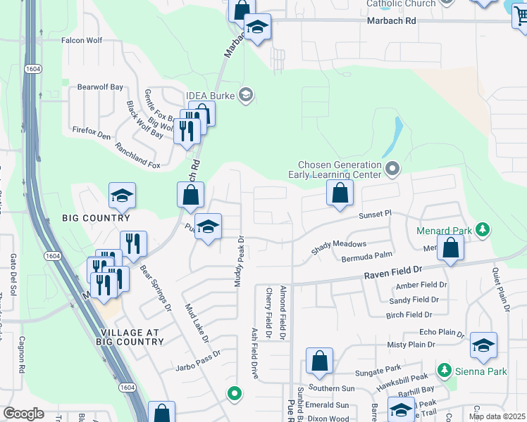 map of restaurants, bars, coffee shops, grocery stores, and more near 2326 Pue Rd in San Antonio