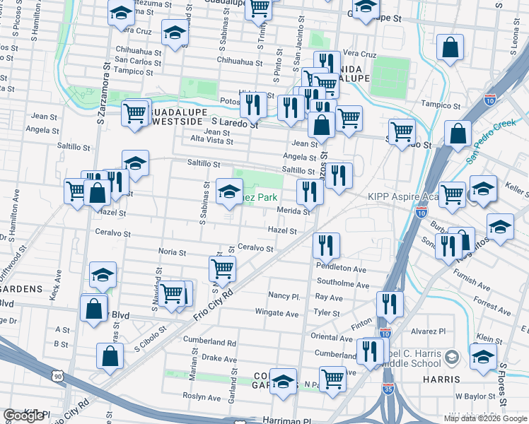 map of restaurants, bars, coffee shops, grocery stores, and more near 1917 South San Jacinto Street in San Antonio