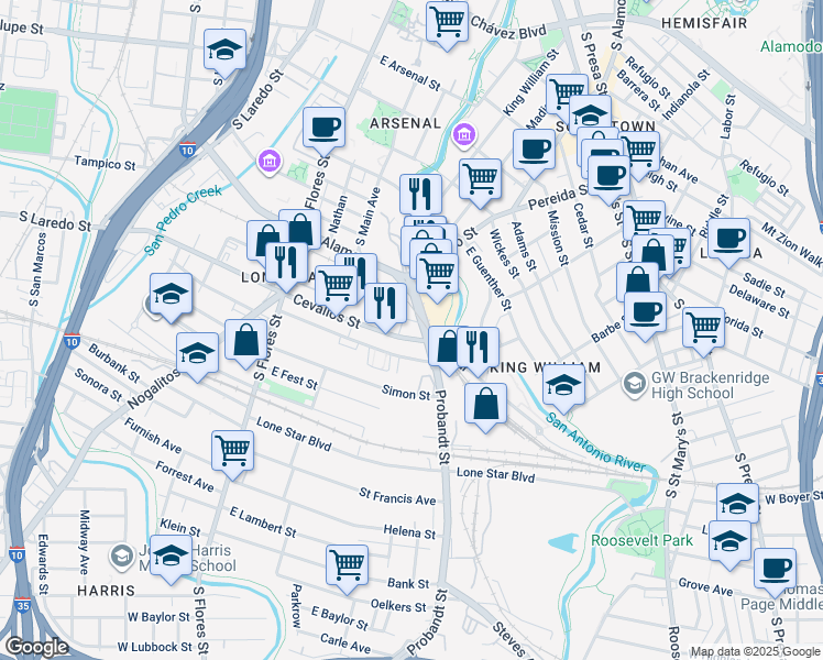 map of restaurants, bars, coffee shops, grocery stores, and more near 100 Probandt Street in San Antonio