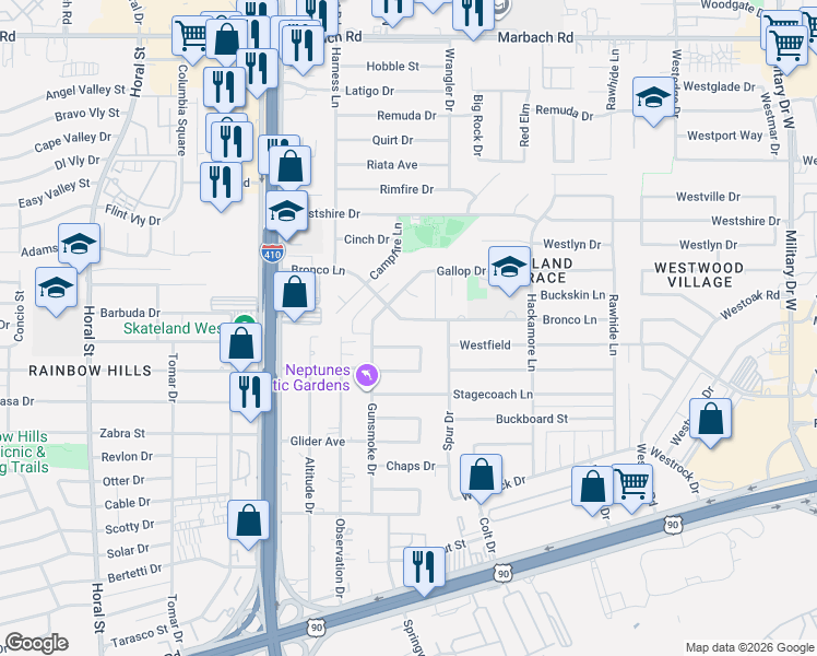 map of restaurants, bars, coffee shops, grocery stores, and more near 7827 Paint Drive in San Antonio