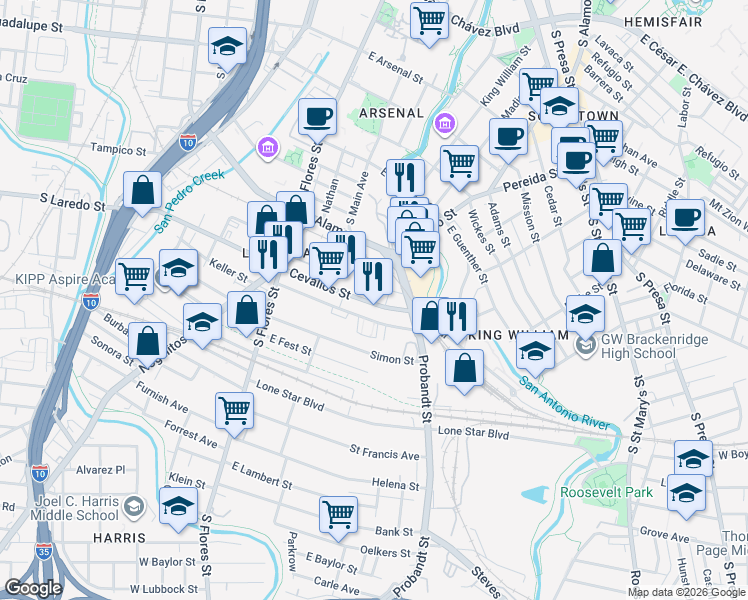map of restaurants, bars, coffee shops, grocery stores, and more near 301 East Cevallos Street in San Antonio