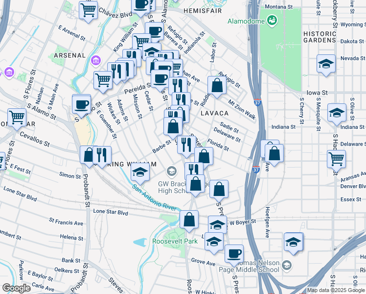 map of restaurants, bars, coffee shops, grocery stores, and more near 1423 South Saint Mary's Street in San Antonio