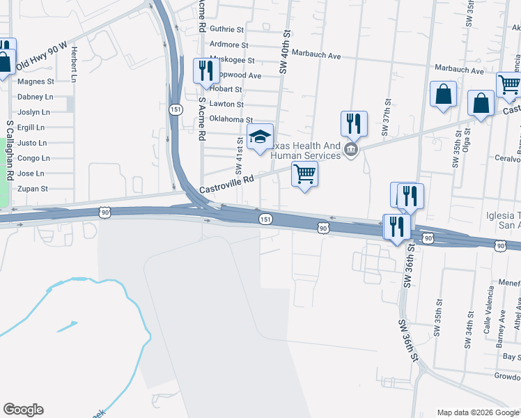 map of restaurants, bars, coffee shops, grocery stores, and more near 143 Garner Street in San Antonio