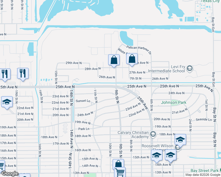 map of restaurants, bars, coffee shops, grocery stores, and more near 2435 9th Street North in Texas City
