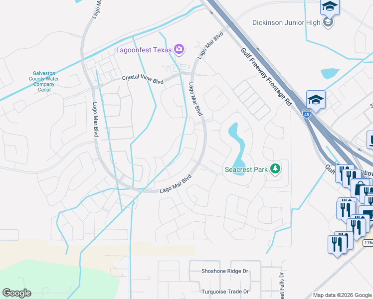 map of restaurants, bars, coffee shops, grocery stores, and more near 2705 Bayrose Drive in La Marque