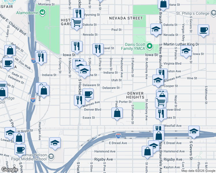 map of restaurants, bars, coffee shops, grocery stores, and more near 1235 Florida Street in San Antonio