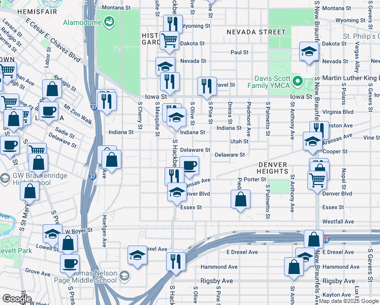 map of restaurants, bars, coffee shops, grocery stores, and more near 1015 South Olive Street in San Antonio
