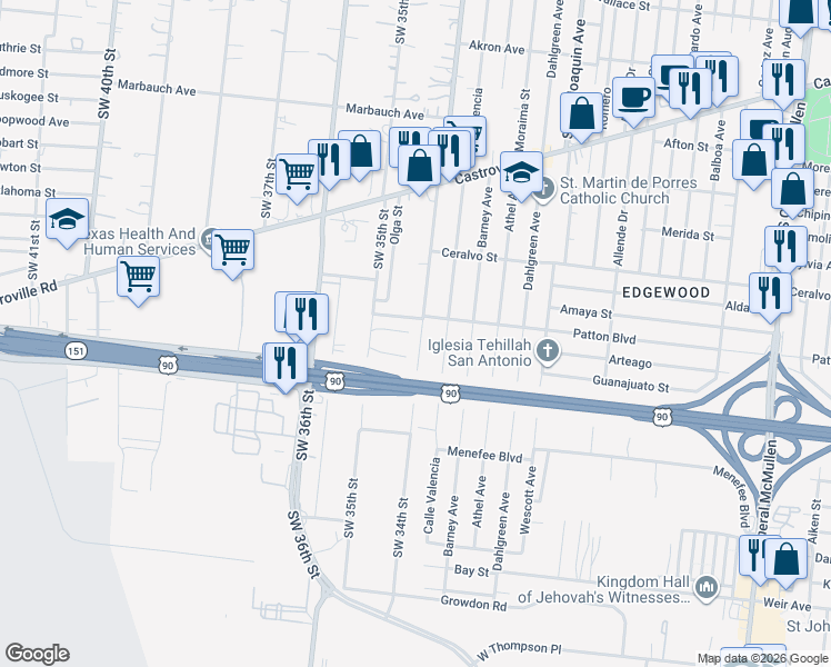 map of restaurants, bars, coffee shops, grocery stores, and more near 1511 Villa de Luna in San Antonio