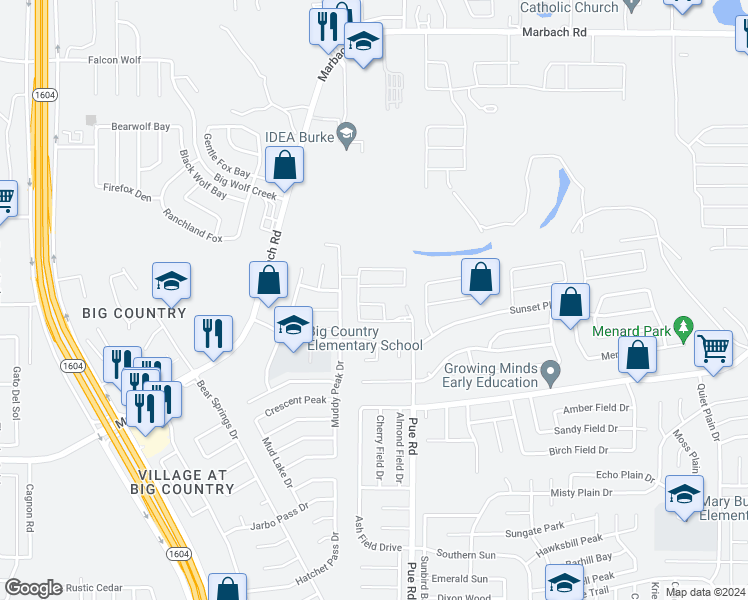 map of restaurants, bars, coffee shops, grocery stores, and more near 2326 Pue Rd in San Antonio