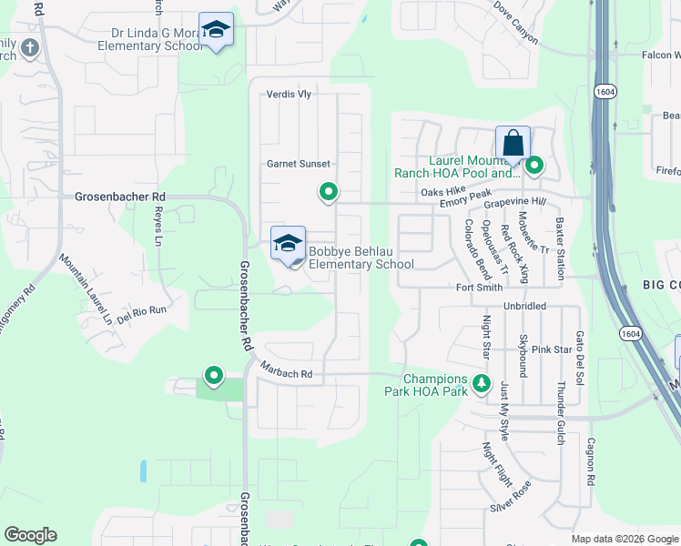 map of restaurants, bars, coffee shops, grocery stores, and more near 2406 Camp Light Way in San Antonio