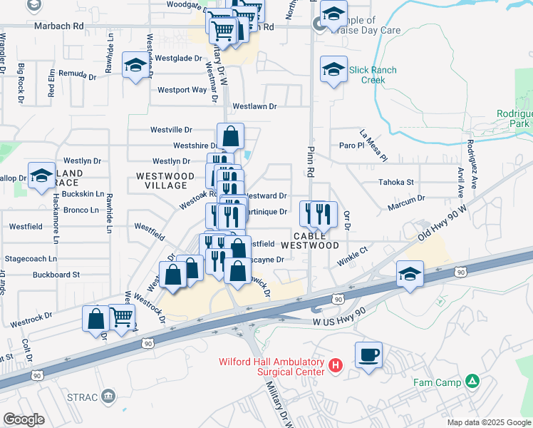map of restaurants, bars, coffee shops, grocery stores, and more near 6827 Tallahasse Drive in San Antonio