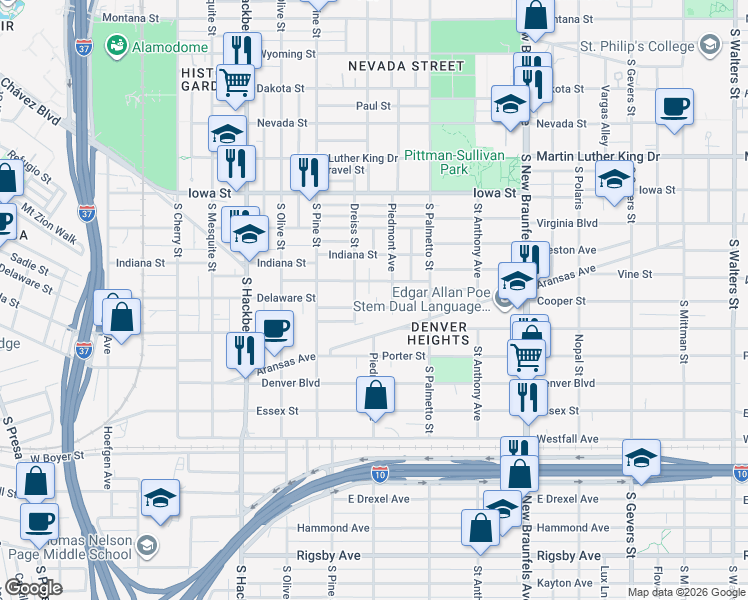 map of restaurants, bars, coffee shops, grocery stores, and more near 1222 Delaware Street in San Antonio
