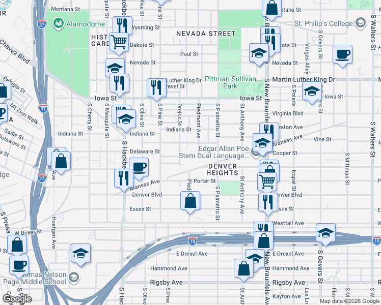 map of restaurants, bars, coffee shops, grocery stores, and more near 1222 Delaware Street in San Antonio