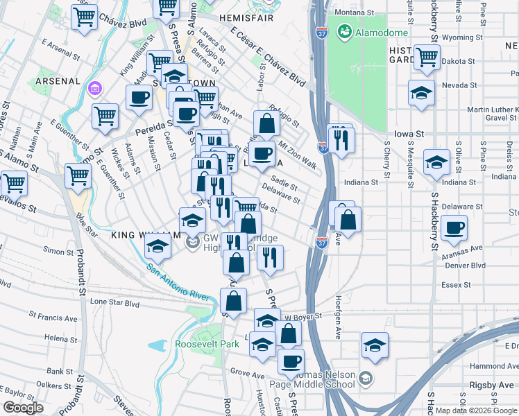 map of restaurants, bars, coffee shops, grocery stores, and more near 117 Carolina Street in San Antonio
