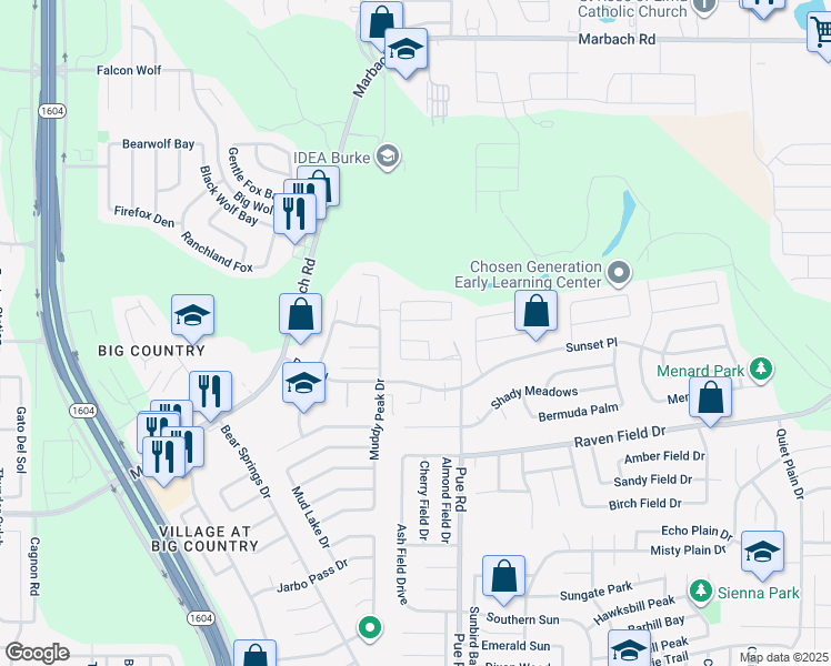 map of restaurants, bars, coffee shops, grocery stores, and more near 2326 Pue Rd in San Antonio
