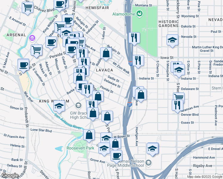 map of restaurants, bars, coffee shops, grocery stores, and more near 303 Florida Street in San Antonio