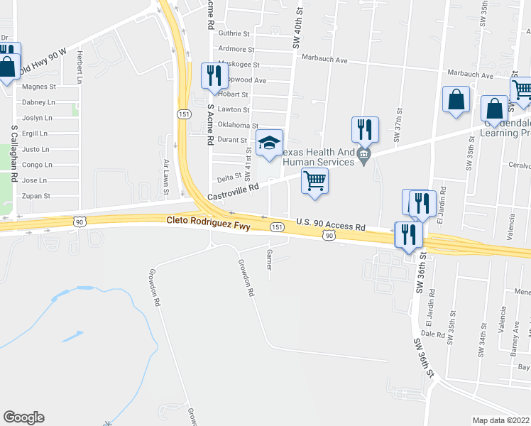 map of restaurants, bars, coffee shops, grocery stores, and more near 143 Garner Street in San Antonio