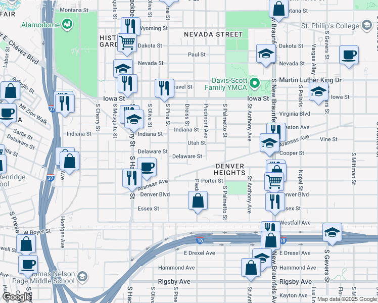 map of restaurants, bars, coffee shops, grocery stores, and more near 1235 Florida Street in San Antonio