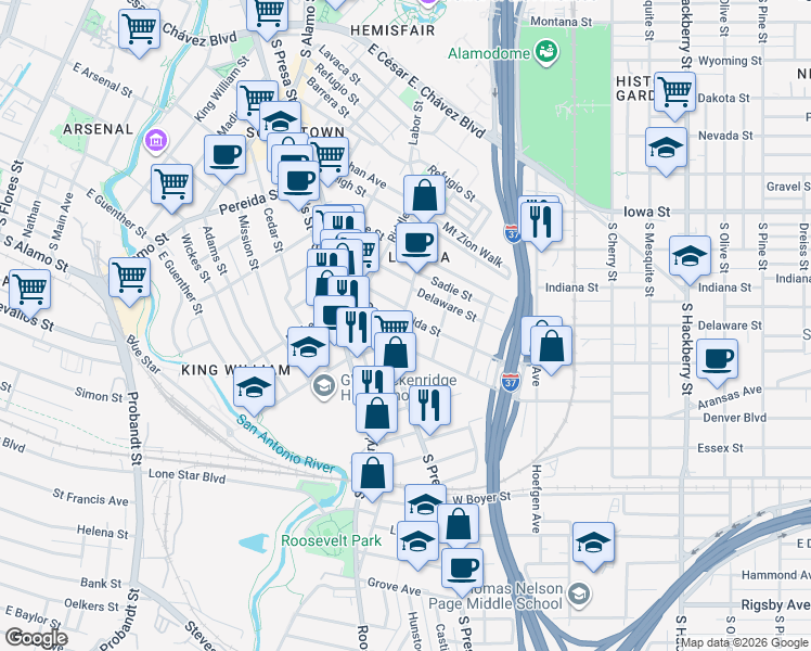 map of restaurants, bars, coffee shops, grocery stores, and more near 117 Carolina Street in San Antonio