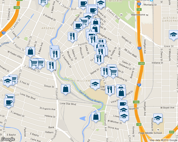 map of restaurants, bars, coffee shops, grocery stores, and more near 430 Adams Street in San Antonio