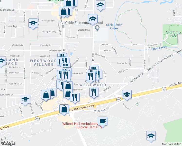 map of restaurants, bars, coffee shops, grocery stores, and more near 6803 Tallahasse Drive in San Antonio