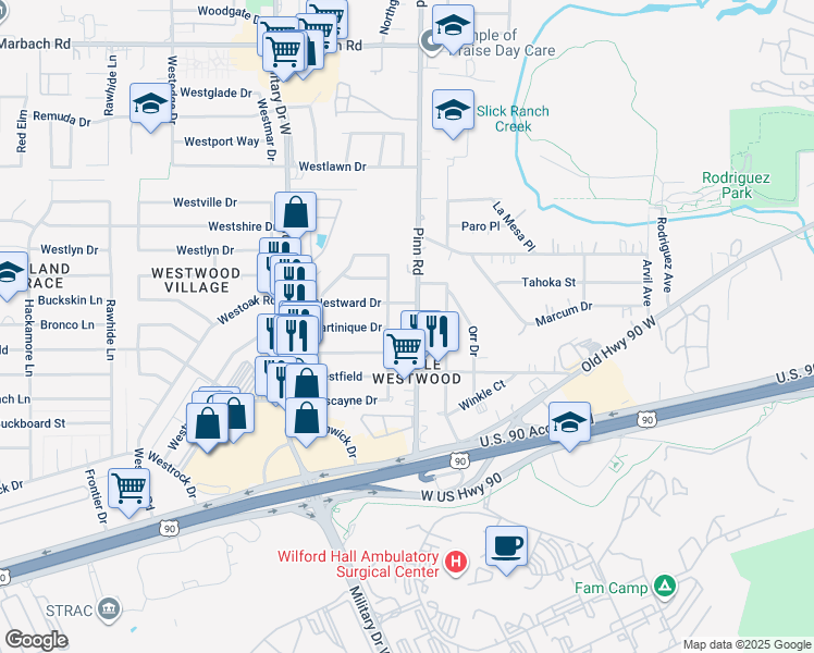 map of restaurants, bars, coffee shops, grocery stores, and more near 6803 Tallahasse Drive in San Antonio