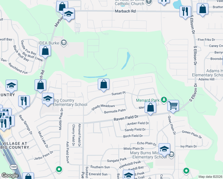 map of restaurants, bars, coffee shops, grocery stores, and more near 9966 Sunset Place in San Antonio