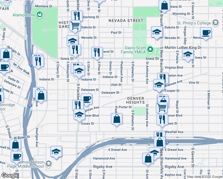 map of restaurants, bars, coffee shops, grocery stores, and more near 1235 Florida Street in San Antonio