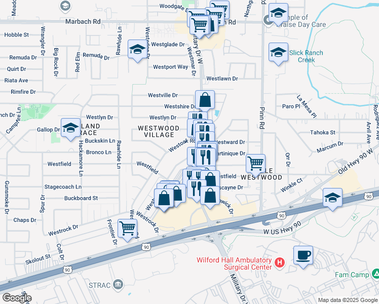 map of restaurants, bars, coffee shops, grocery stores, and more near 6945 West Military Drive in San Antonio