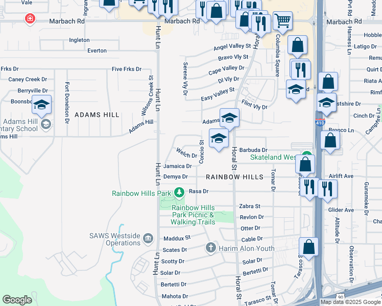 map of restaurants, bars, coffee shops, grocery stores, and more near 527 Jamaica Drive in San Antonio