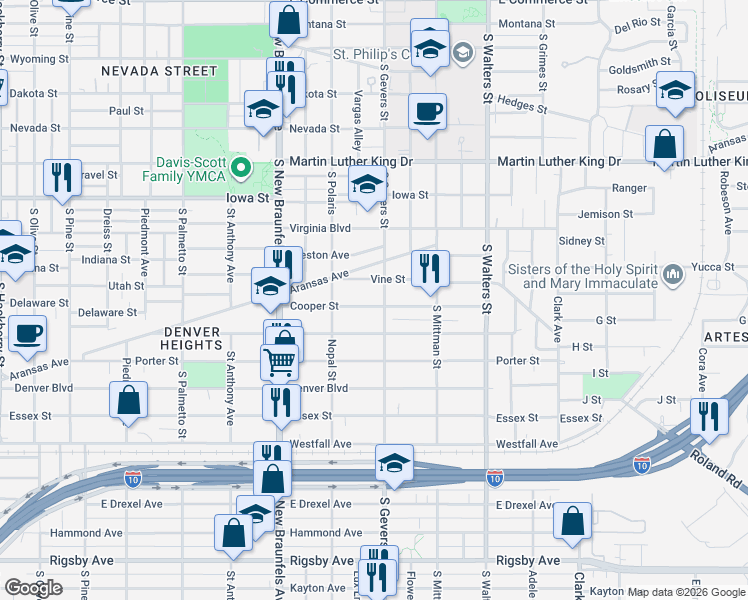map of restaurants, bars, coffee shops, grocery stores, and more near 1211 South Gevers Street in San Antonio