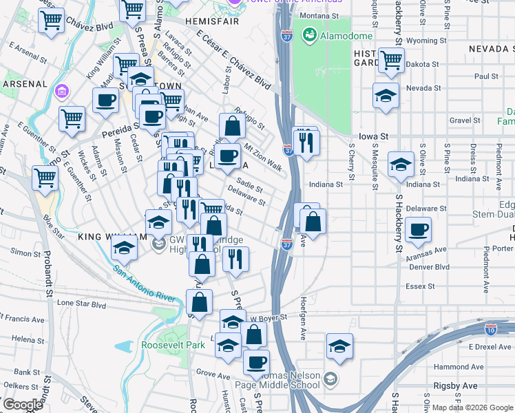 map of restaurants, bars, coffee shops, grocery stores, and more near 314 Florida Street in San Antonio