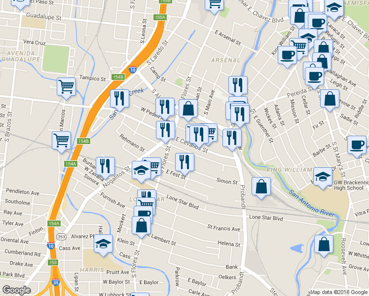 map of restaurants, bars, coffee shops, grocery stores, and more near 130 Clay in San Antonio