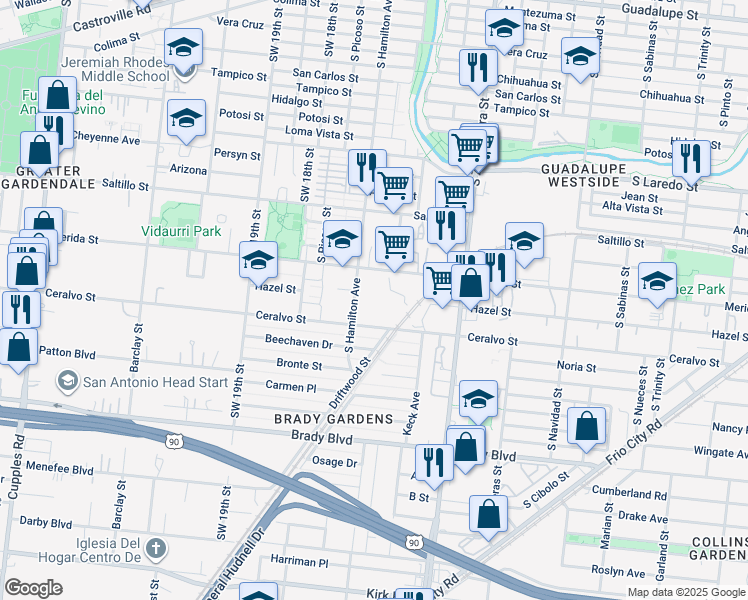 map of restaurants, bars, coffee shops, grocery stores, and more near 1700 South Hamilton Avenue in San Antonio