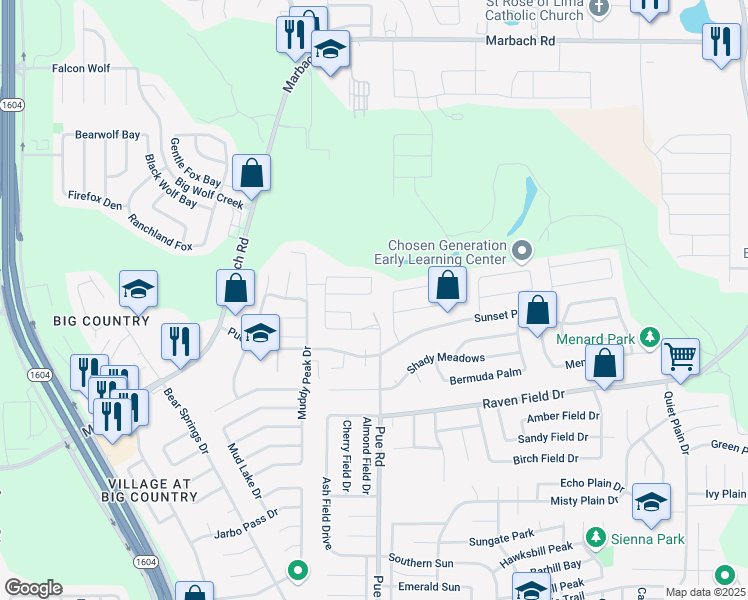 map of restaurants, bars, coffee shops, grocery stores, and more near 2311 Dalhart Pass in San Antonio