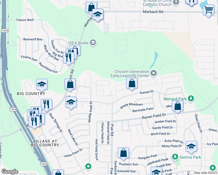 map of restaurants, bars, coffee shops, grocery stores, and more near 2311 Dalhart Pass in San Antonio