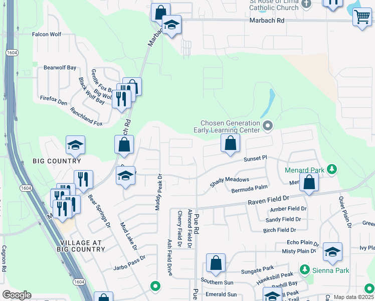 map of restaurants, bars, coffee shops, grocery stores, and more near 2311 Dalhart Pass in San Antonio