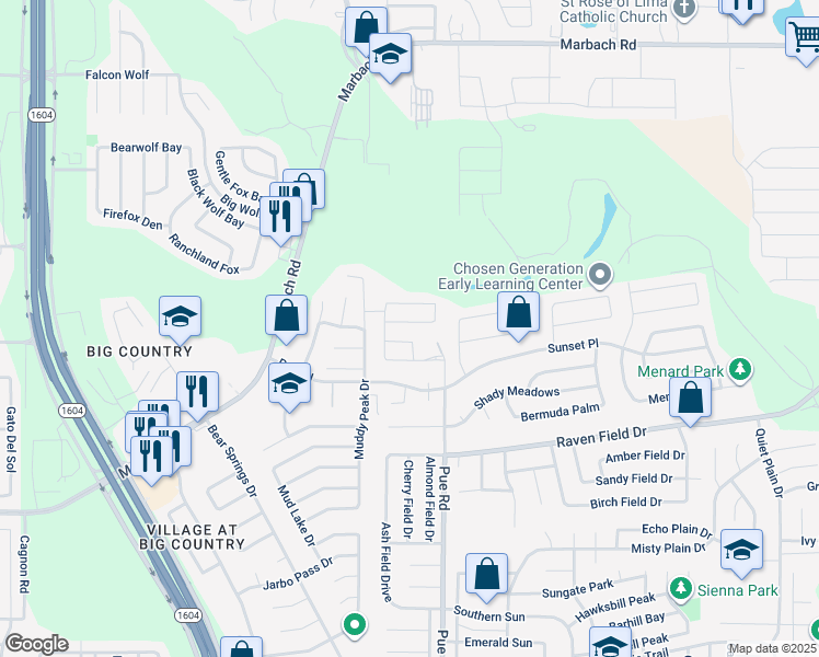 map of restaurants, bars, coffee shops, grocery stores, and more near 2326 Pue Rd in San Antonio