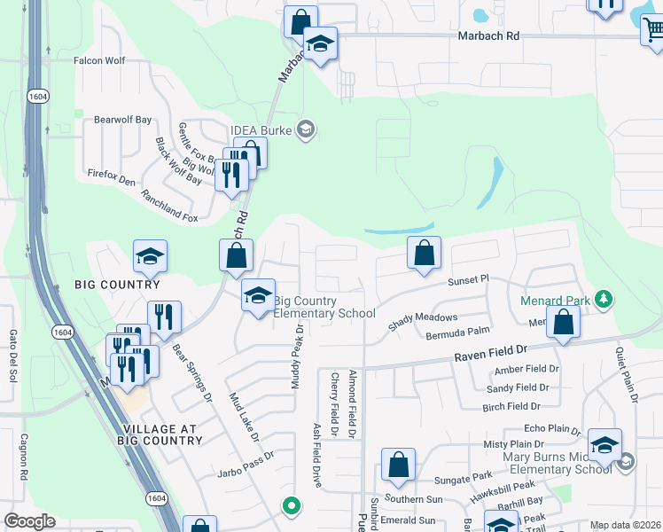map of restaurants, bars, coffee shops, grocery stores, and more near 2326 Pue Rd in San Antonio