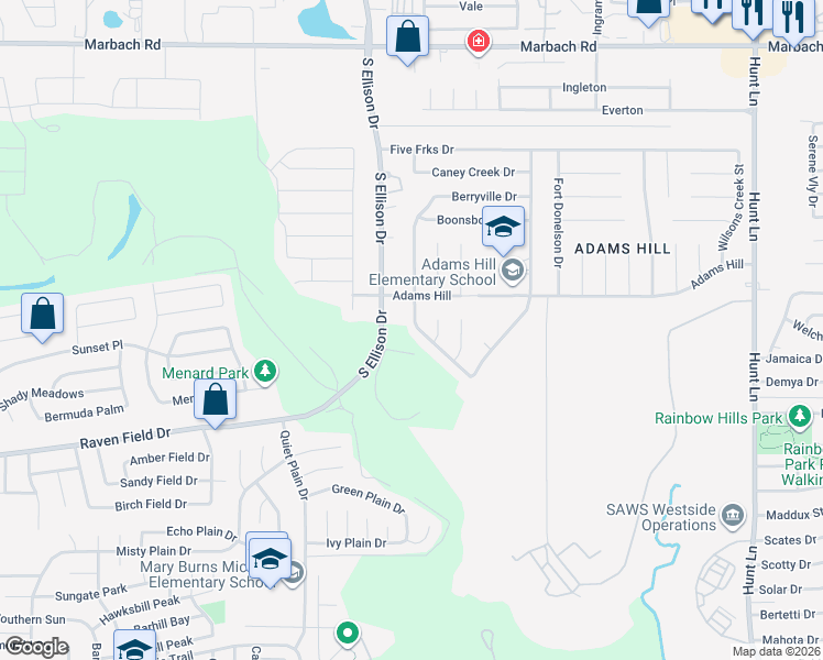 map of restaurants, bars, coffee shops, grocery stores, and more near 2131 Farmsville Drive in San Antonio