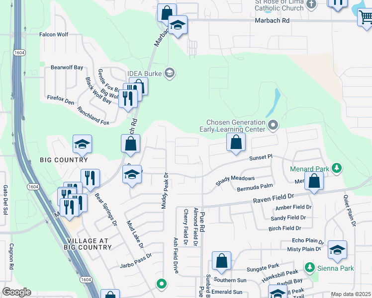 map of restaurants, bars, coffee shops, grocery stores, and more near 2326 Pue Rd in San Antonio