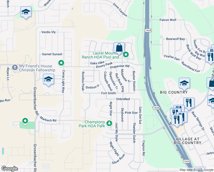 map of restaurants, bars, coffee shops, grocery stores, and more near 2231 Colorado Bend in San Antonio