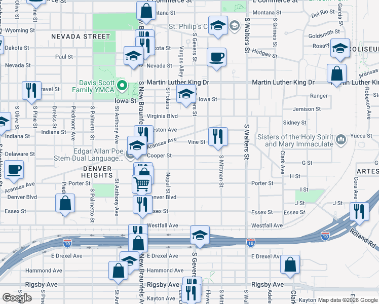 map of restaurants, bars, coffee shops, grocery stores, and more near 1211 South Gevers Street in San Antonio