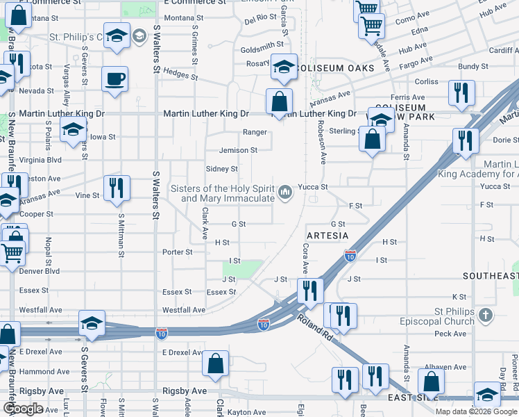 map of restaurants, bars, coffee shops, grocery stores, and more near 232 F Street in San Antonio