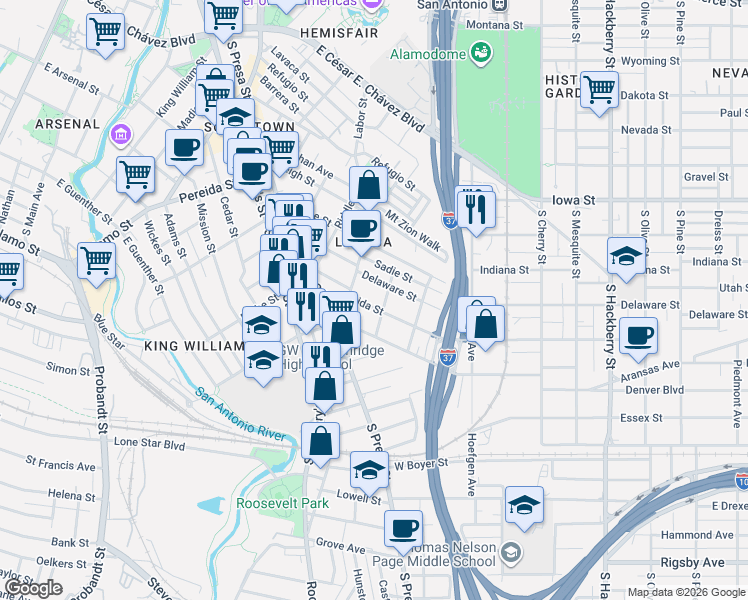 map of restaurants, bars, coffee shops, grocery stores, and more near 108 Delaware Street in San Antonio
