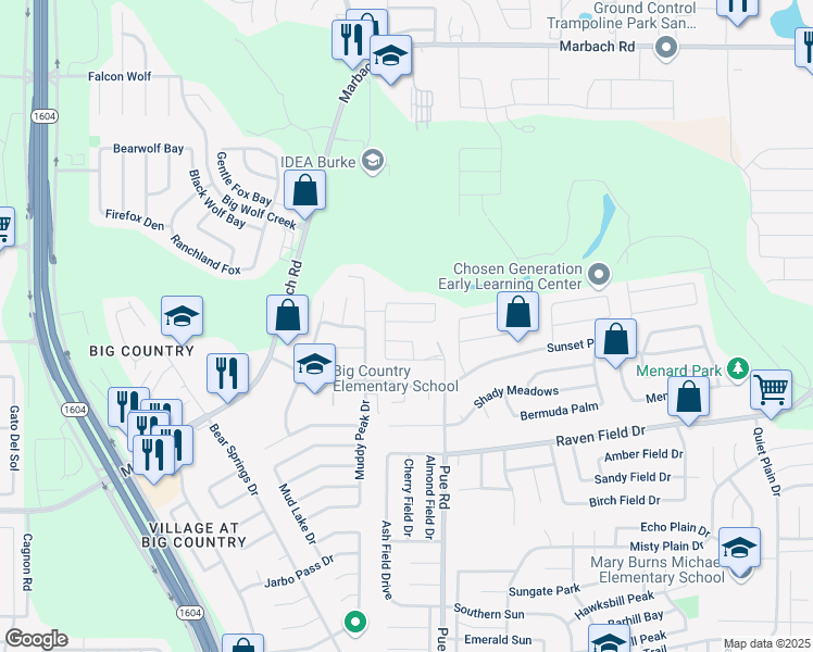 map of restaurants, bars, coffee shops, grocery stores, and more near 2403 Pue Road in San Antonio